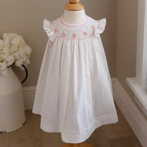 White Smocked Flutter Sleeve Dress Set Boutique 12 Months Hand -Embroidery NWT - Picture 1 of 6